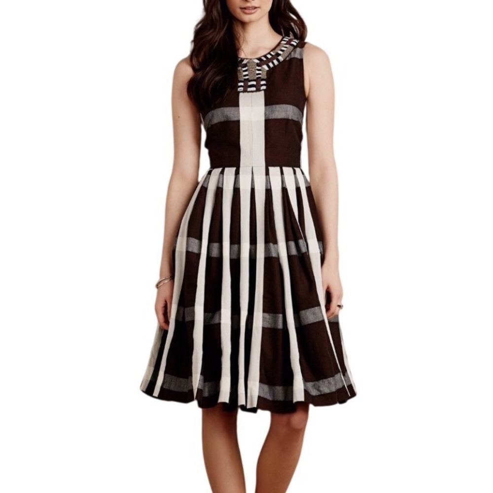Anthropologie Maeve Beaded Neck Pleated Plaid Fit Flare Dress Size Petite 0P